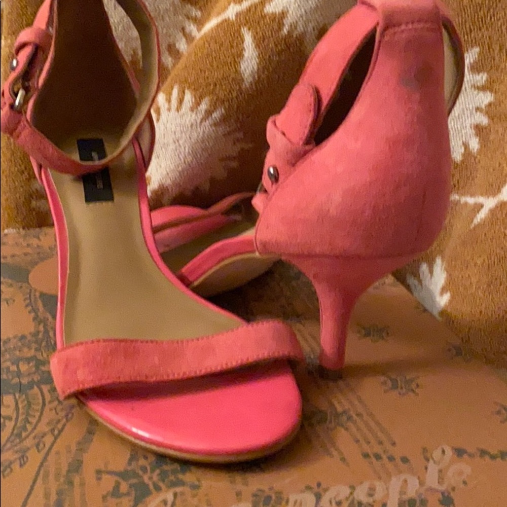 Really pretty coral suede ankle sandals